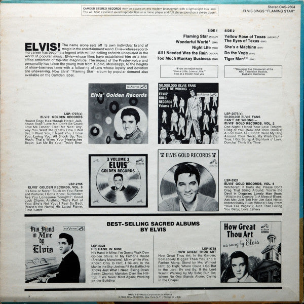 Elvis Presley - Elvis Sings "Flaming Star" (1968) - VG+ LP Record 1969 RCA Camden USA Stereo Vinyl - Rock & Roll / Soundtrack - Shuga Records