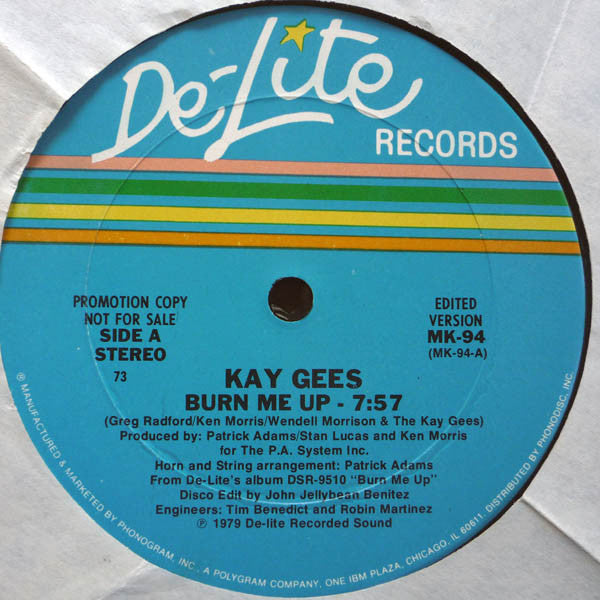Kay-Gee's - Burn Me Up - VG+ 12 "Single Record 1979 De-Lite USA Promo Vinyl - Disco / Funk - Shuga Records