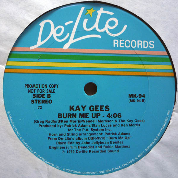 Kay-Gee's - Burn Me Up - VG+ 12 "Single Record 1979 De-Lite USA Promo Vinyl - Disco / Funk - Shuga Records