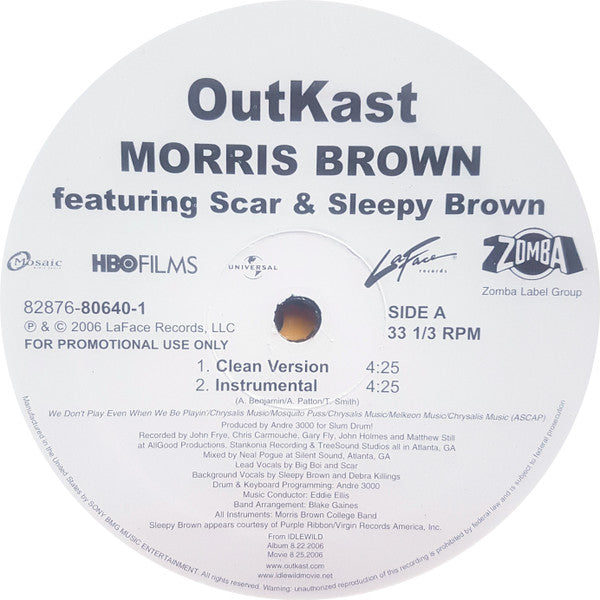 Outkast - Morris Brown - Mint- 12" Single Record 2006 LaFace USA Promo Vinyl - Hip Hop - Shuga Records