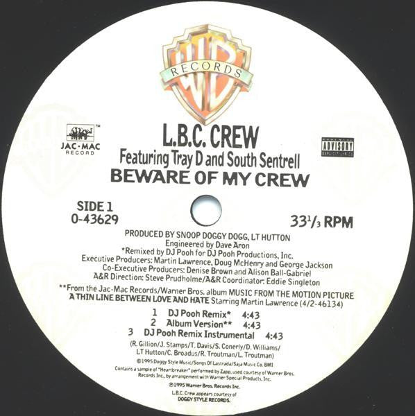 L.B.C. Crew - Beware Of My Crew - Mint- 12" Single Record 1995 Warner Bros. Vinyl - Hip Hop / Gangsta Rap - Shuga Records