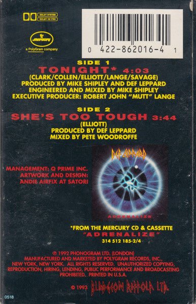 Def Leppard - Tonight - VG+ Cassette Single 1993 Mercury USA Tape - Pop Rock / Hard Rock - Shuga Records