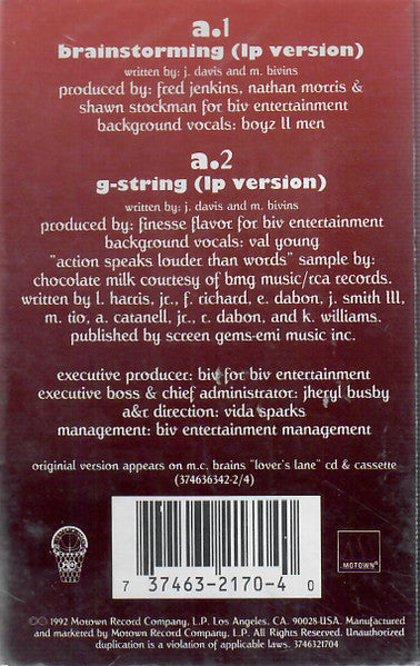 MC Brains - Brainstorming / G-String - VG+ Cassette Single 1992 Motown - RnB / New Jack Swing / Pop Rap - Shuga Records
