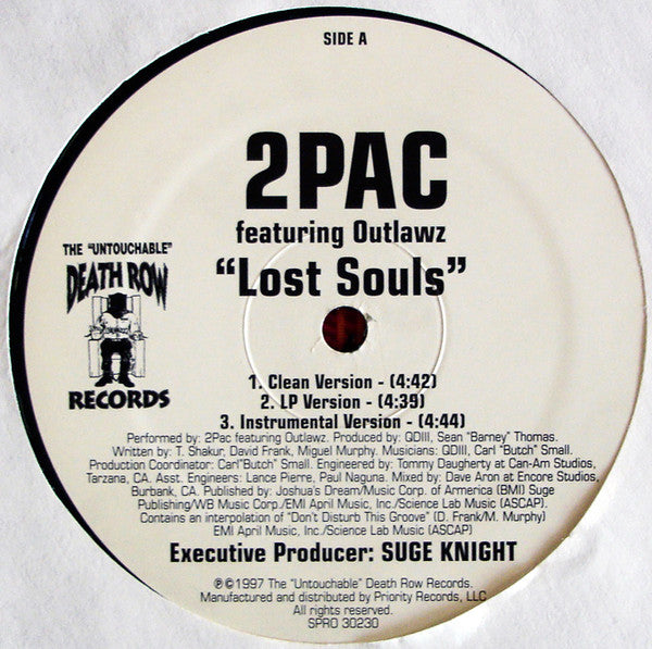 2Pac Featuring Outlawz / Nate Dogg Featuring Daz Dillinger - Lost Souls / These Days - VG+ 12" Single Record 1997 Death Row USA Promo Vinyl - Hip Hop / Gangsta - Shuga Records