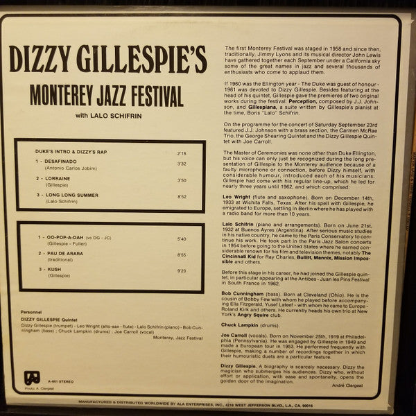 Dizzy Gillespie Featuring Lalo Schifrin - Live At The Monterey Jazz Festival (1974) - VG+ LP Record 1979 ALA USA Vinyl - Jazz / Bop / Latin Jazz - Shuga Records