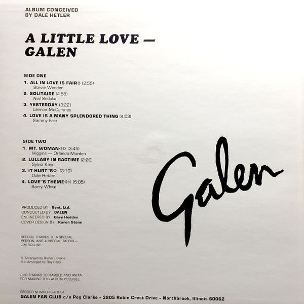 Galen – A Little Love - VG+ LP Record 1980 Gent Private IL Vinyl - Funk / Lounge / Jazz / Pop - Shuga Records
