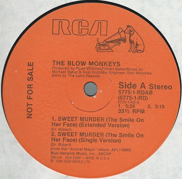 The Blow Monkeys - Sweet Murder (The Smile On Her Face) - Mint- 12" Single Record 1985 RCA USA Promo Vinyl - Synth-pop