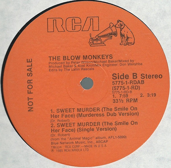 The Blow Monkeys - Sweet Murder (The Smile On Her Face) - Mint- 12" Single Record 1985 RCA USA Promo Vinyl - Synth-pop