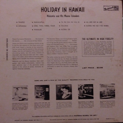 Makamia And His Moana Islanders - Holiday In Hawaii - VG+ LP Record 1957 Masterseal USA Vinyl - Pacific / Lounger / Exotica - Shuga Records
