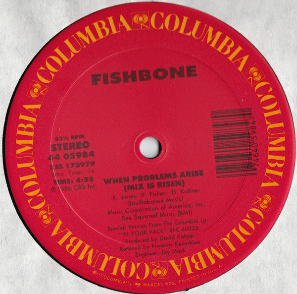 Fishbone - When Problems Arise - Mint- 12" Single Record 1986 Columbia USA Vinyl - Punk / Ska - Shuga Records
