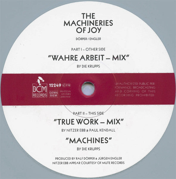 Die Krupps - The Machineries Of Joy (Parts I & II) - Mint- 12" Single Record 1989 BCM Germany Grey Vinyl - Electronic / EBM - Shuga Records