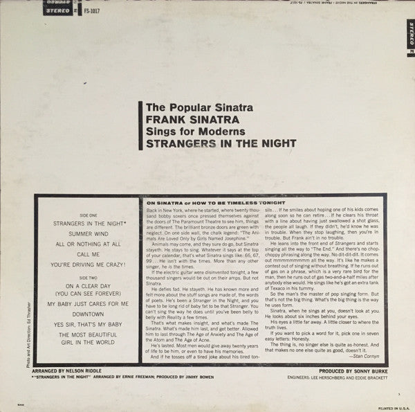 Frank Sinatra - trangers In The Night - VG+ LP Record 1966 Reprise USA Stereo Original Vinyl - Jazz / Vocal / Pop - Shuga Records