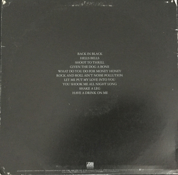 AC/DC ‎– Back In Black - VG+ LP Record 1980 Atlantic USA RL Ludwig Master Vinyl, Embossed Cover & Grey Print - Hard Rock - Shuga Records