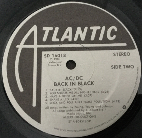 AC/DC ‎– Back In Black - VG+ LP Record 1980 Atlantic USA RL Ludwig Master Vinyl, Embossed Cover & Grey Print - Hard Rock - Shuga Records