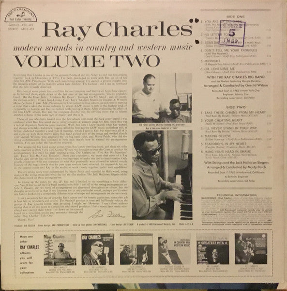 Ray Charles – Modern Sounds In Country And Western Music Volume Two - VG+ LP Record 1962 ABC-Paramount USA Stereo Vinyl - Soul / Rhythm & Blues - Shuga Records