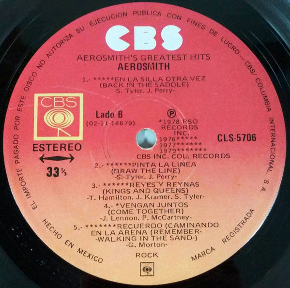 Aerosmith - Aerosmith's Greatest Hits - VG LP Record 1981 Columbia Mexico vinyl - Pop Rock / Hard Rock - Shuga Records