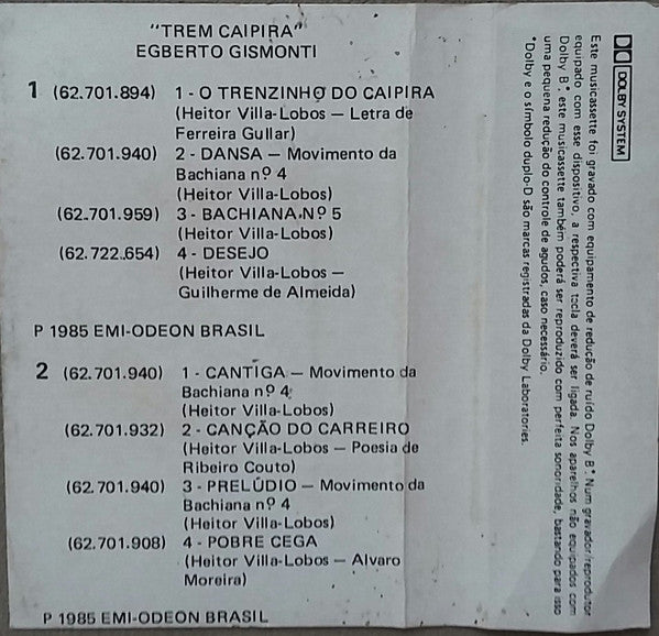 Egberto Gismonti ‎– Trem Caipira - VG+ Cassette 1985 EMI Brazil Tape - Jazz / Avantgarde / Electronic - Shuga Records