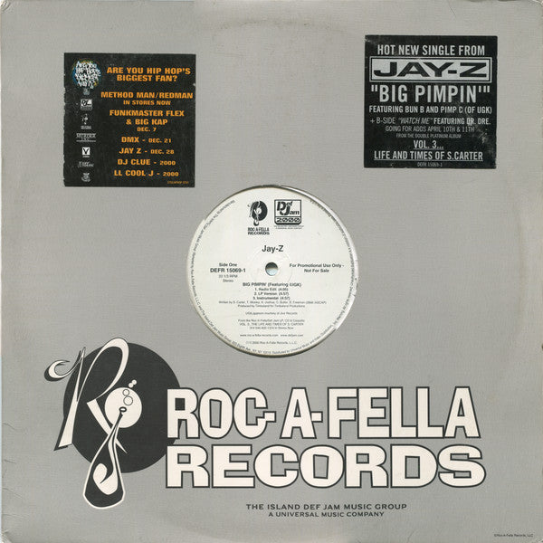 Jay-Z - Big Pimpin' / Watch Me - VG+ 12" Single Record 2000 Roc-A-Fella USA Promo Vinyl - Hip Hop - Shuga Records