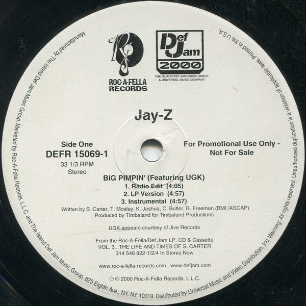 Jay-Z - Big Pimpin' / Watch Me - VG+ 12" Single Record 2000 Roc-A-Fella USA Promo Vinyl - Hip Hop - Shuga Records
