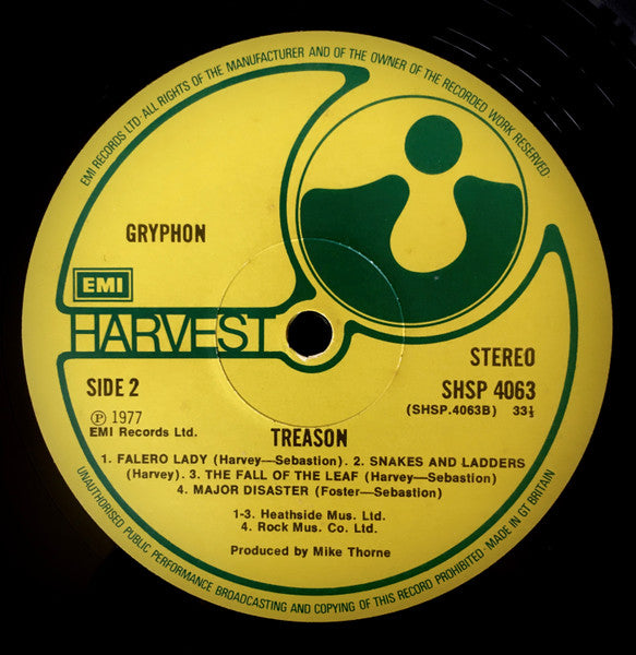 Gryphon - Treason - VG+ (VG Cover) LP Record 1977 Harvest UK Original Vinyl - Prog Rock - Shuga Records