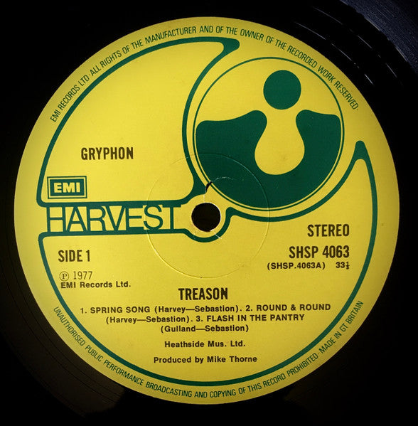 Gryphon - Treason - VG+ (VG Cover) LP Record 1977 Harvest UK Original Vinyl - Prog Rock - Shuga Records