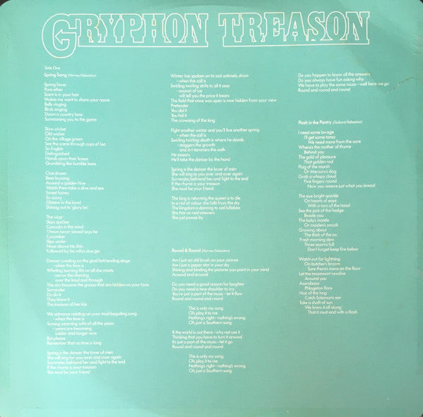 Gryphon - Treason - VG+ (VG Cover) LP Record 1977 Harvest UK Original Vinyl - Prog Rock - Shuga Records