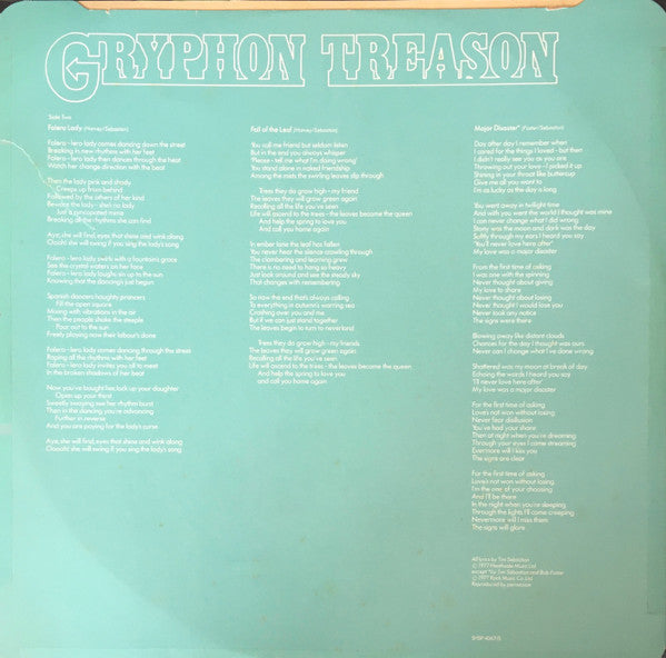 Gryphon - Treason - VG+ (VG Cover) LP Record 1977 Harvest UK Original Vinyl - Prog Rock - Shuga Records