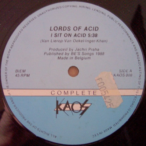 Lords Of Acid - I Sit On Acid - VG+ 12" Single Record 1988 Complete Kaos Belgium Vinyl - Acid / Hard Beat / New Beat - Shuga Records