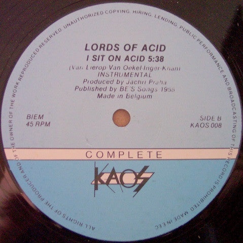 Lords Of Acid - I Sit On Acid - VG+ 12" Single Record 1988 Complete Kaos Belgium Vinyl - Acid / Hard Beat / New Beat - Shuga Records