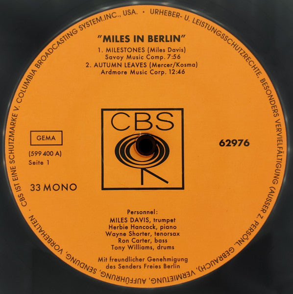 Miles Davis - Miles In Berlin (1967) - Mint- LP Record 2017 CBS Speakers Corner Mono Analogue Audiophile 180 gram Vinyl - Jazz / Hard Bop / Modal - Shuga Records