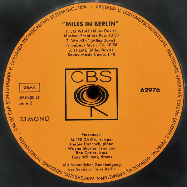 Miles Davis - Miles In Berlin (1967) - Mint- LP Record 2017 CBS Speakers Corner Mono Analogue Audiophile 180 gram Vinyl - Jazz / Hard Bop / Modal - Shuga Records