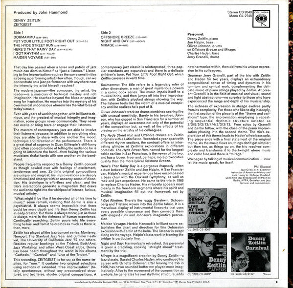 Denny Zeitlin - Zeitgeist - VG+ LP Record 1967 Columbia USA Vinyl - Jazz / Post Bop / Modal - Shuga Records