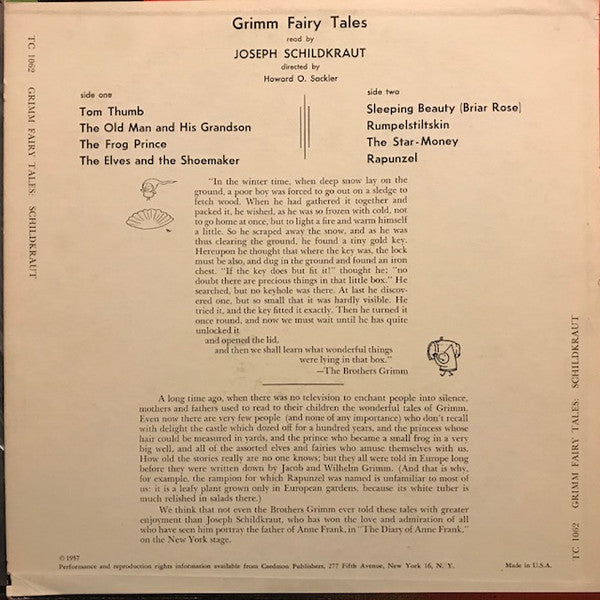 Joseph Schildkraut ‎– Grimm Fairy Tales - VG LP Record 1957 Caedmon USA Vinyl - Story / Children's / Spoken Word - Shuga Records