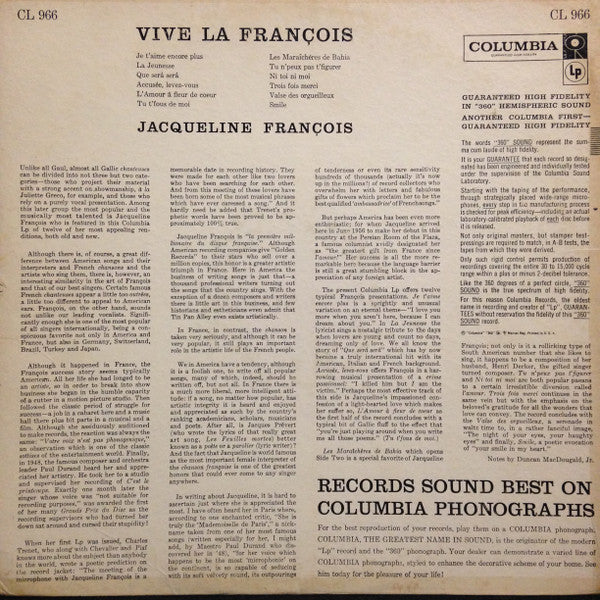 Jacqueline François With Michel Legrand And His Orchestra - Vive La Francois ! - VG+ LP Record 1956 Columbia USA Vinyl - Pop / Chanson - Shuga Records
