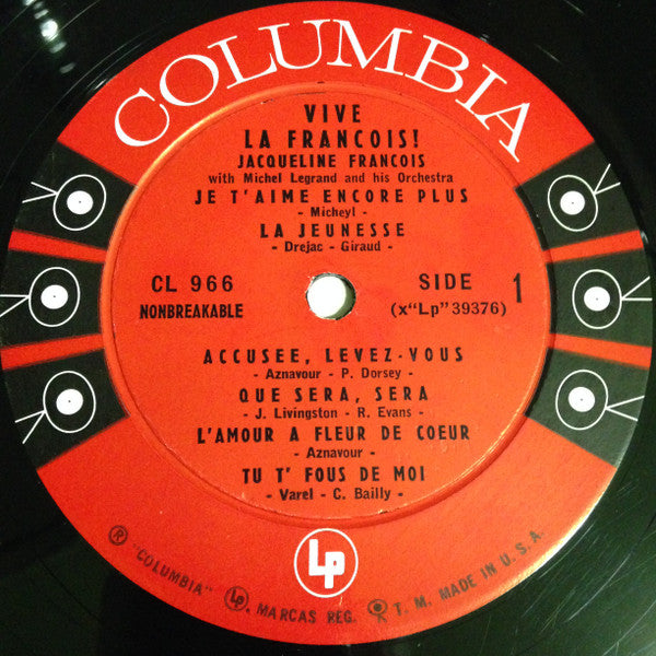 Jacqueline François With Michel Legrand And His Orchestra - Vive La Francois ! - VG+ LP Record 1956 Columbia USA Vinyl - Pop / Chanson - Shuga Records