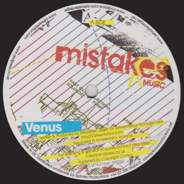 Sebastien Leger - Venus - New 12" Single Record 2007 Mistakes Music Vinyl - Tech House - Shuga Records