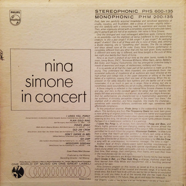 Nina Simone - In Concert(1964) - VG+ LP Record 1966 Philips USA Vinyl - Jazz / Soul-Jazz - Shuga Records