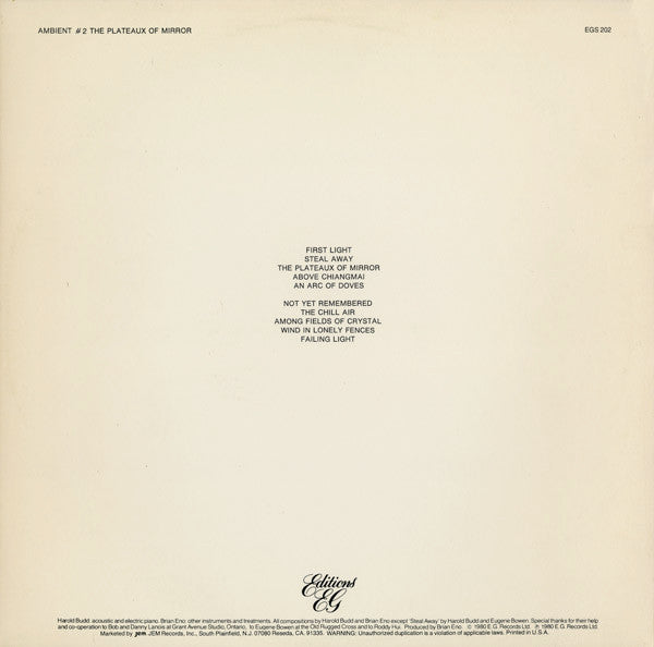 Harold Budd / Brian Eno - Ambient 2 (The Plateaux Of Mirror) - VG+ LP Record 1980 Editions EG USA Original Vinyl - Electronic / Ambient - Shuga Records