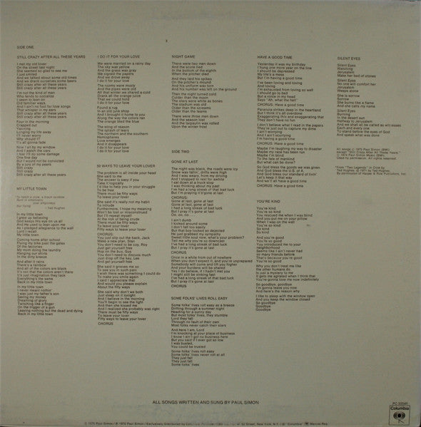 Paul Simon - Still Crazy After All These Years - VG+ LP Record 1975 Columbia USA Original Vinyl - Pop Rock / Folk Rock - Shuga Records