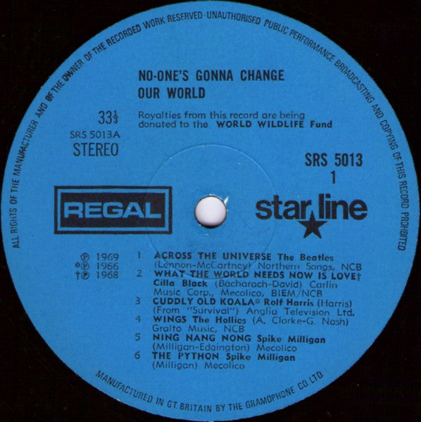 Various – No One's Gonna Change Our World - VG+ LP Record 1969 Starline Regal UK Vinyl - Psychedelic Rock / Pop Rock / Folk / Comedy - Shuga Records