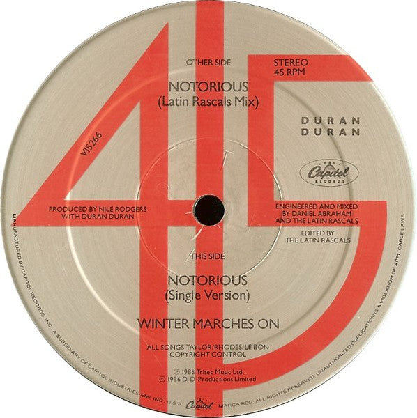 Duran Duran - Notorious (Latin Rascals Mix) - Mint- 12" Single Record 1986 Capitol USA Vinyl - Synth-pop / Freestyle / Pop - Shuga Records