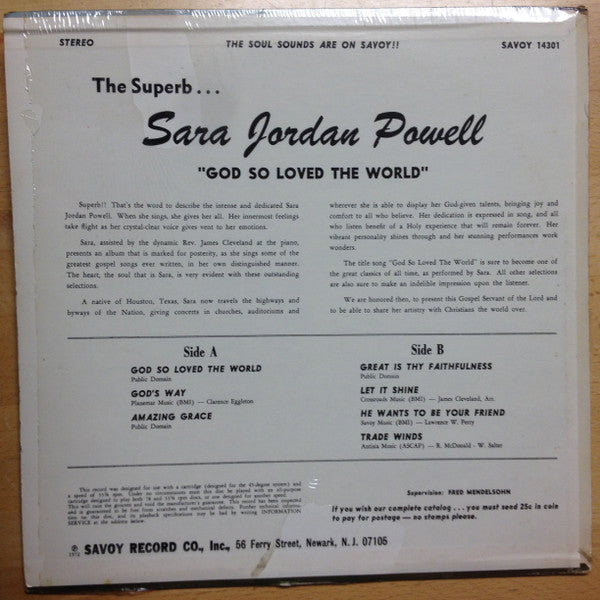 Sara Jordan Powell - God So Loved The World - VG+(VG Cover) LP Record 1972 Savoy USA Original Vinyl - Gospel / Soul - Shuga Records