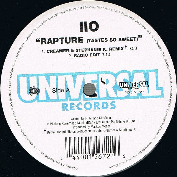 iiO - Rapture (Tastes So Sweet) - VG+ 12" Single Record 2001 Universal USA Original Vinyl - Progressive House / Progressive Trance - Shuga Records