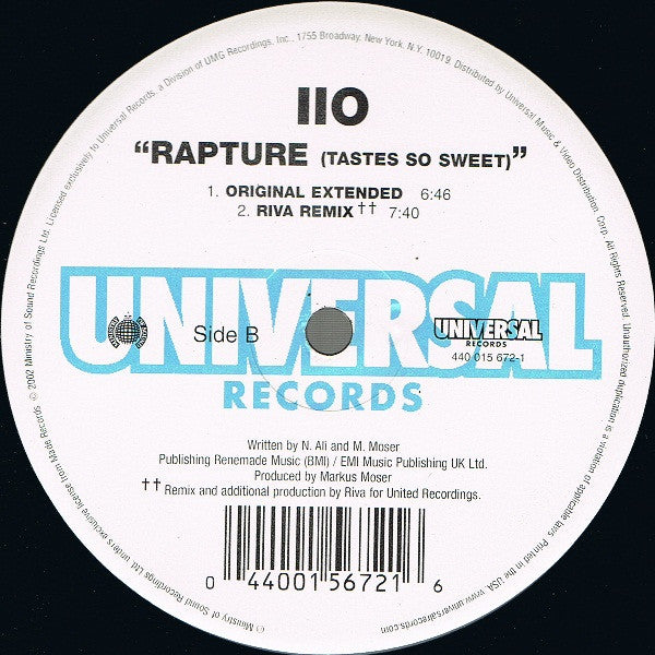 iiO - Rapture (Tastes So Sweet) - VG+ 12" Single Record 2001 Universal USA Original Vinyl - Progressive House / Progressive Trance - Shuga Records