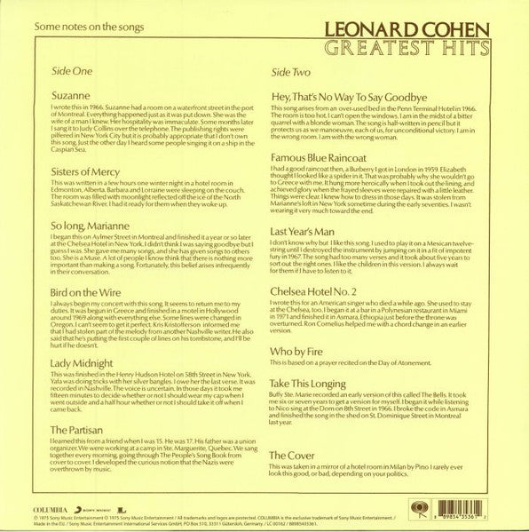 Leonard Cohen – Greatest Hits (1975) - Mint- LP Record 2018 180 gram Vinyl & Insert - Rock / Folk Rock - Shuga Records