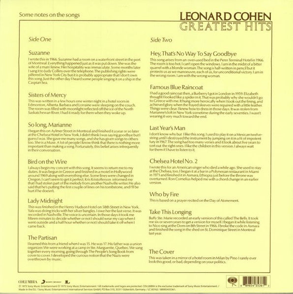 Leonard Cohen – Greatest Hits (1975) - Mint- LP Record 2018 180 gram Vinyl & Insert - Rock / Folk Rock