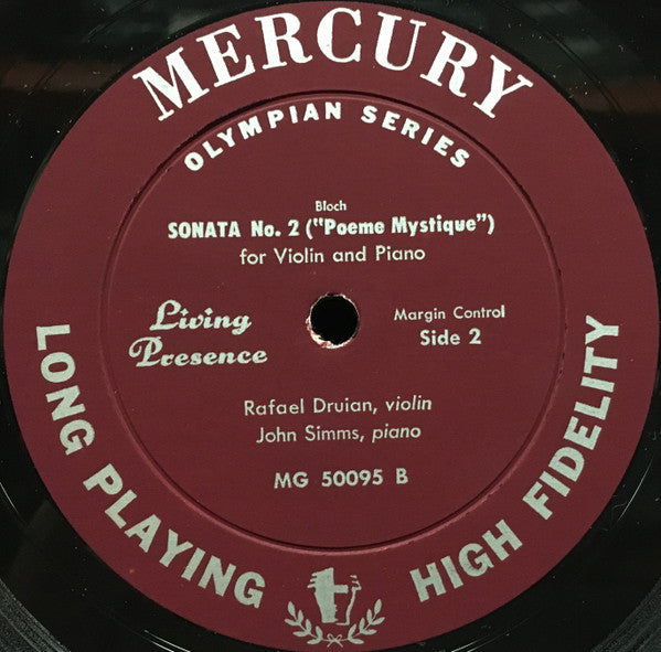 Rafael Druian / John Simms - Bloch : Violin Sonatas No. 1, No. 2 "Poeme Mystique" - VG+ LP Record 1950s Mercury Living Presence USA Mono Vinyl - Classical / Pablo Picasso Cover - Shuga Records