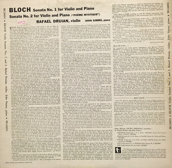 Rafael Druian / John Simms - Bloch : Violin Sonatas No. 1, No. 2 "Poeme Mystique" - VG+ LP Record 1950s Mercury Living Presence USA Mono Vinyl - Classical / Pablo Picasso Cover - Shuga Records