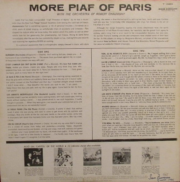 Edith Piaf - More Piaf Of Paris - VG LP Record 1961 Capitol USA Mono Original Vinyl - Pop / Chanson - Shuga Records