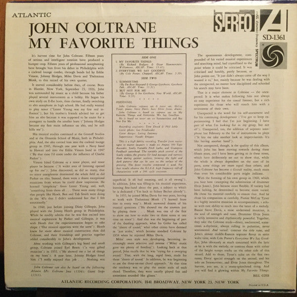 John Coltrane - My Favorite Things (1965) - VG LP Record 1969 Atlantic Stereo USA Vinyl - Jazz / Hard Bop / Modal - Shuga Records